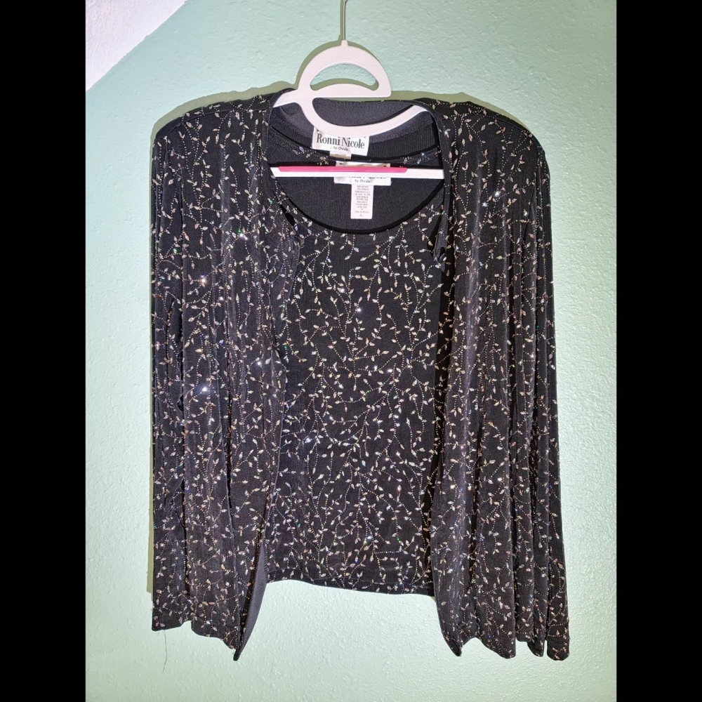 Ronnie Nicole Black Sparkling Diamond Vine Patter Tank Top With Sweater